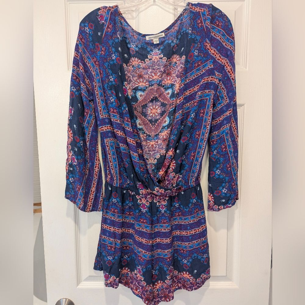 American Eagle Purple Wrap Boho Shorts Floral Romper Dress Sz S Witchy Whimsigot - Picture 2 of 9